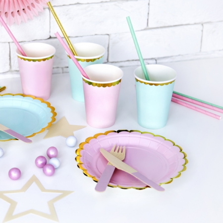 6 assiettes roses et festons dorés - 18 cm