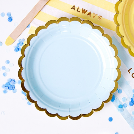 6 assiettes bleu ciel et festons dorés - 18 cm