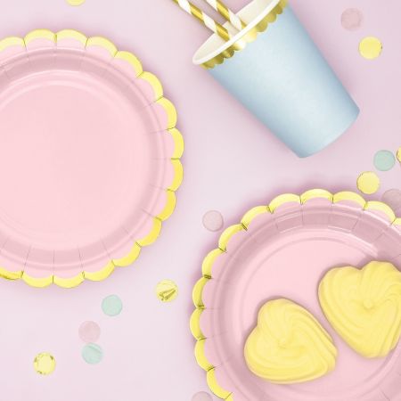 6 assiettes roses et festons dorés - 18 cm