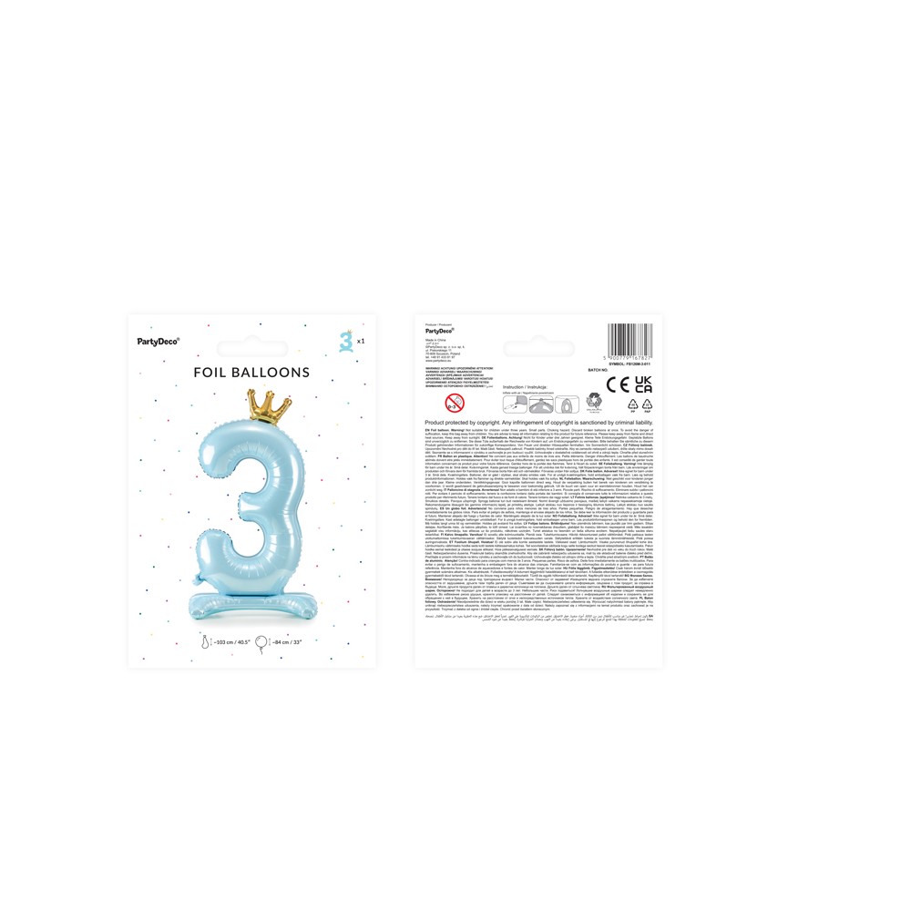 Ballon en Mylar debout, Chiffre ''3''. 84 cm, bleu clair