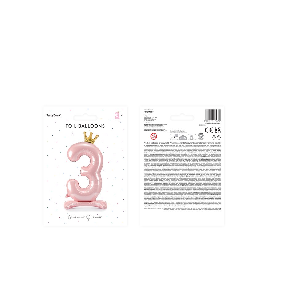 Ballon en Mylar debout, Chiffre ''3''. 84 cm, rose vif