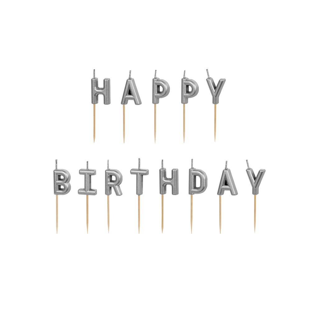 Bougies d'anniversaire Happy Birthday, 2.5 cm, argent