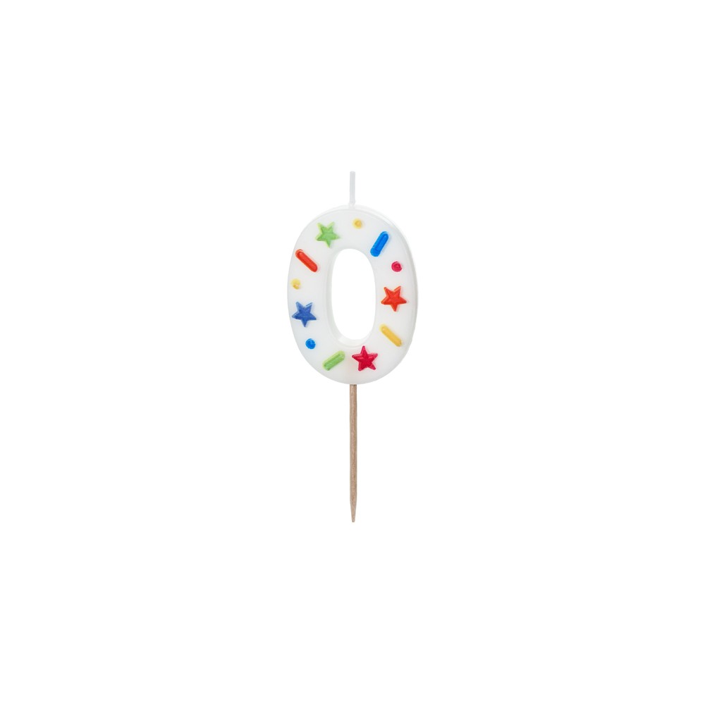 Bougie d'anniversaire Chiffre '0', confettis blancs, 5.5cm