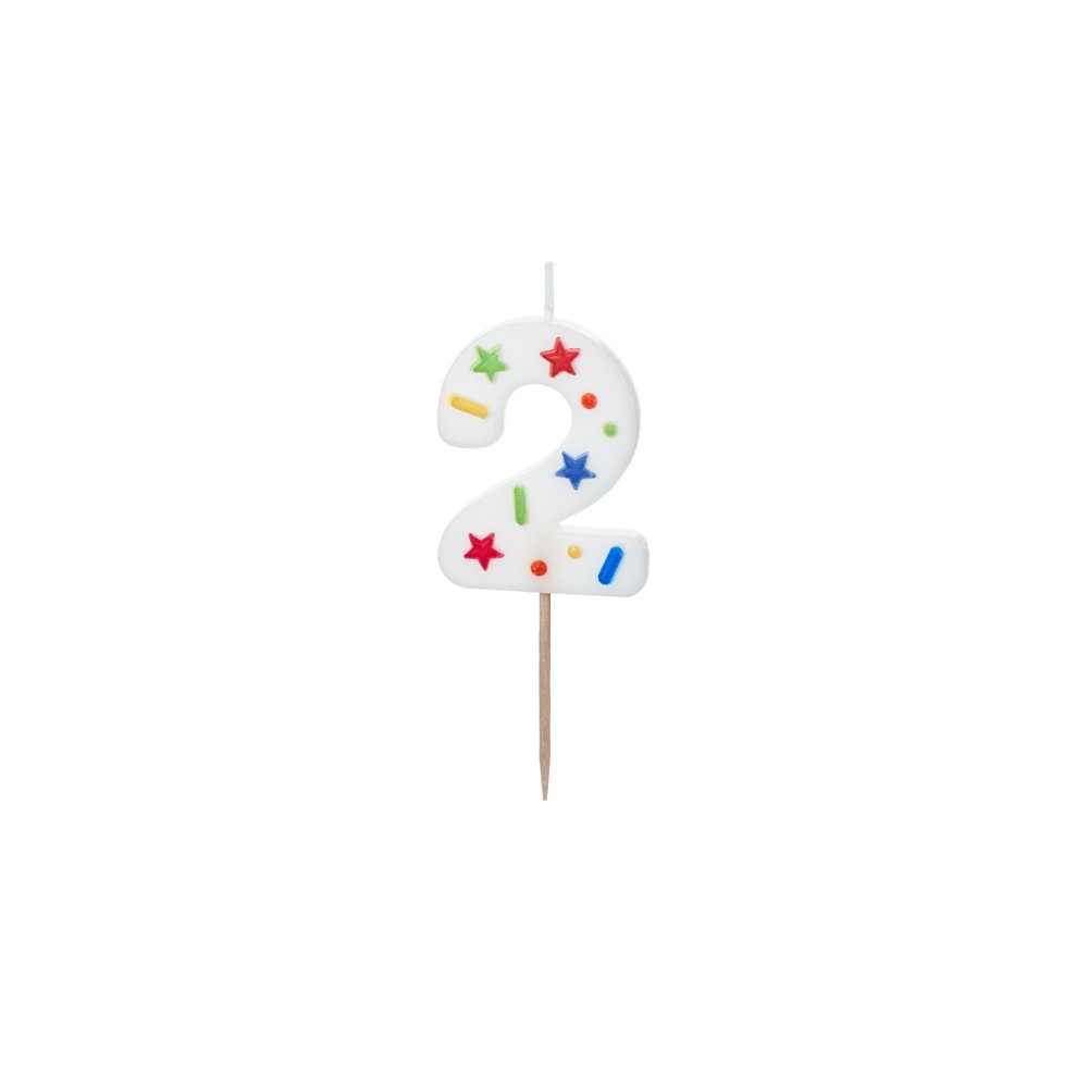 Bougie d'anniversaire Chiffre '2', confettis blancs, 5.5cm