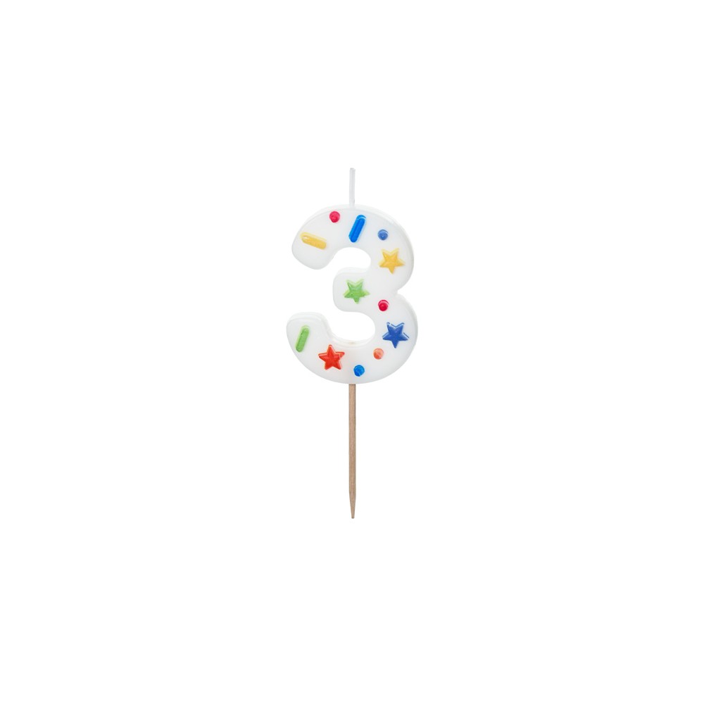 Bougie d'anniversaire Chiffre '3', confettis blancs, 5.5cm