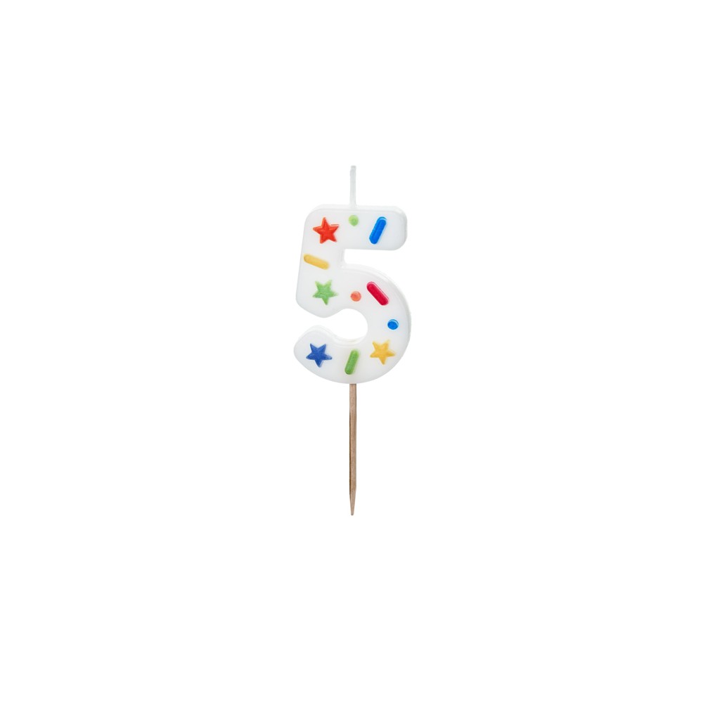 Bougie d'anniversaire Chiffre '5', confettis blancs, 5.5cm