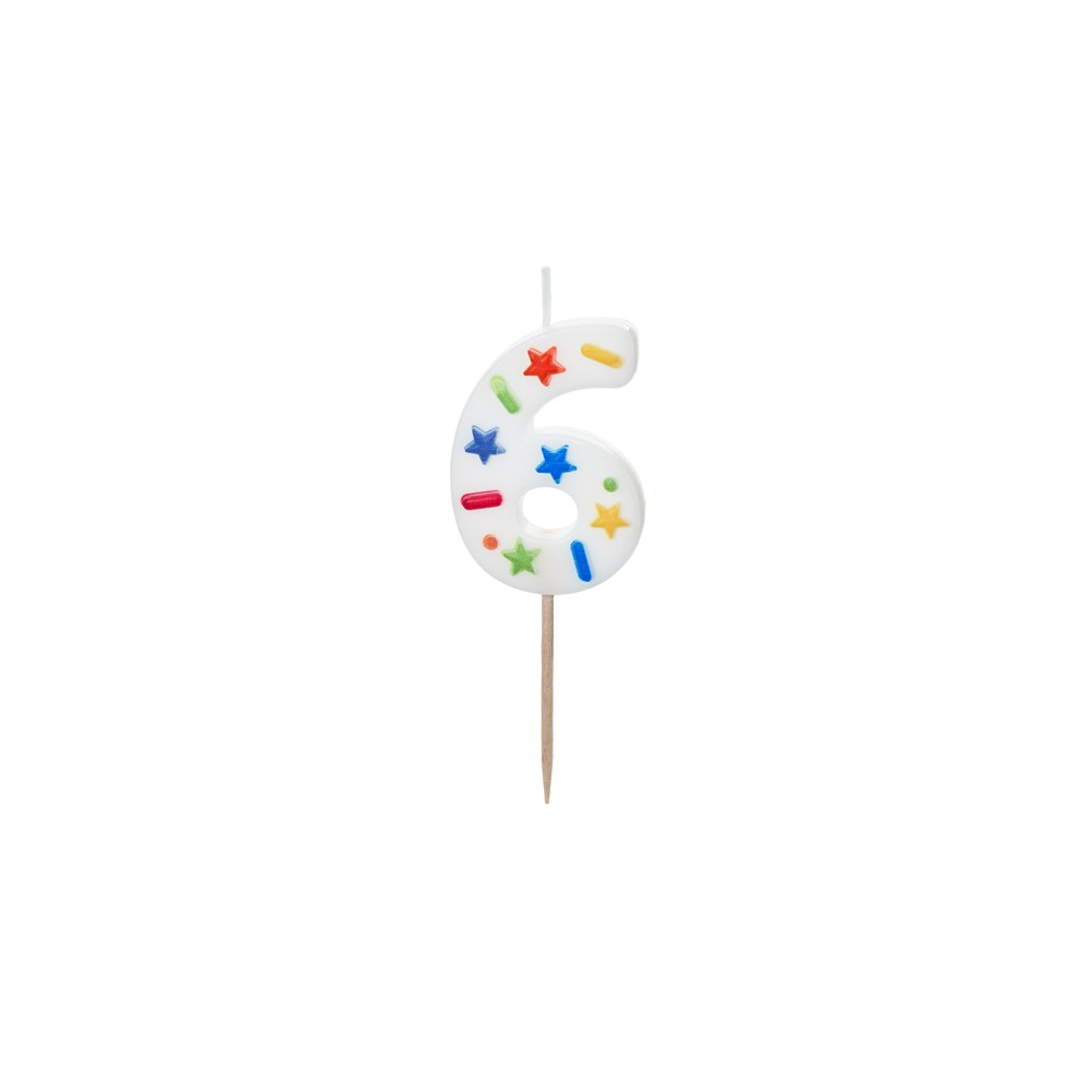 Bougie d'anniversaire Chiffre '6', confettis blancs, 5.5cm