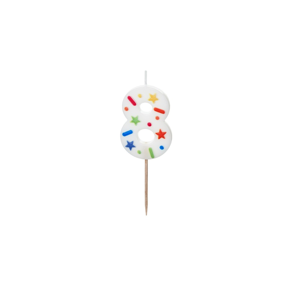 Bougie d'anniversaire Chiffre '8', confettis blancs, 5.5cm