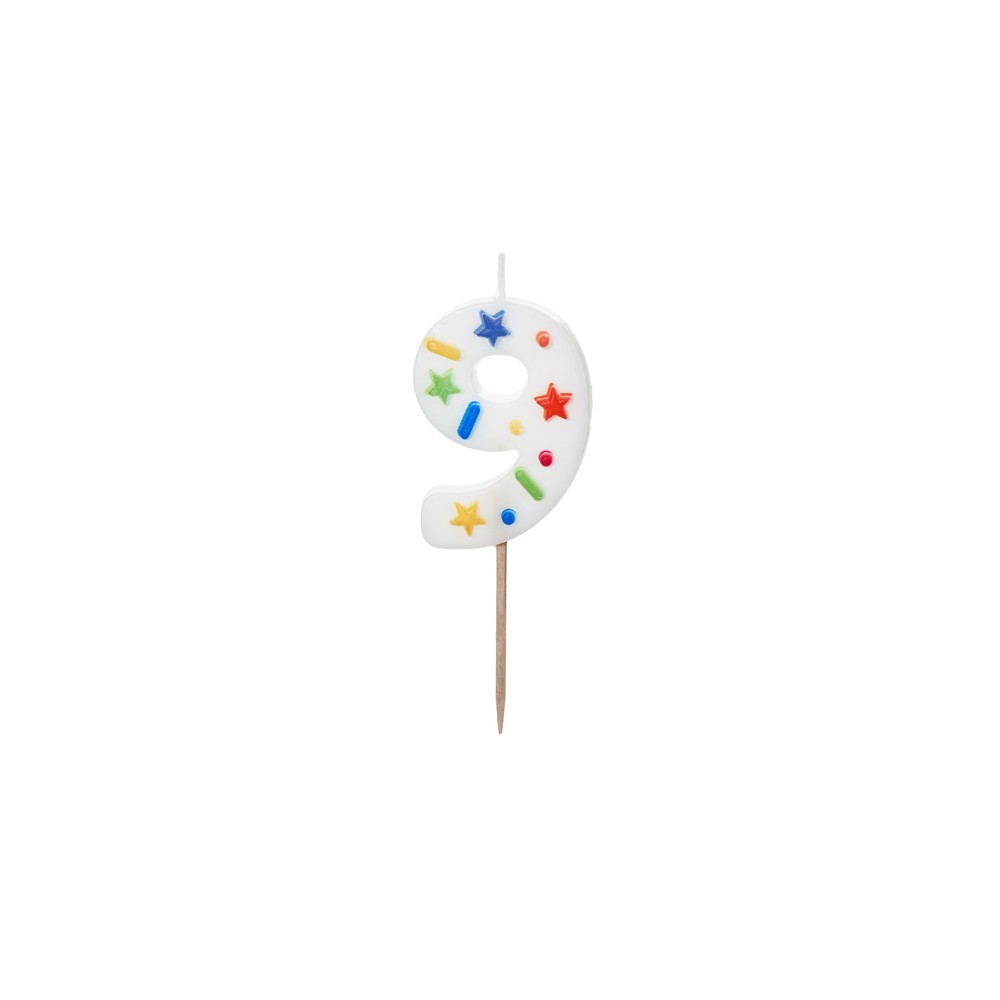Bougie d'anniversaire Chiffre '9', confettis blancs, 5.5cm