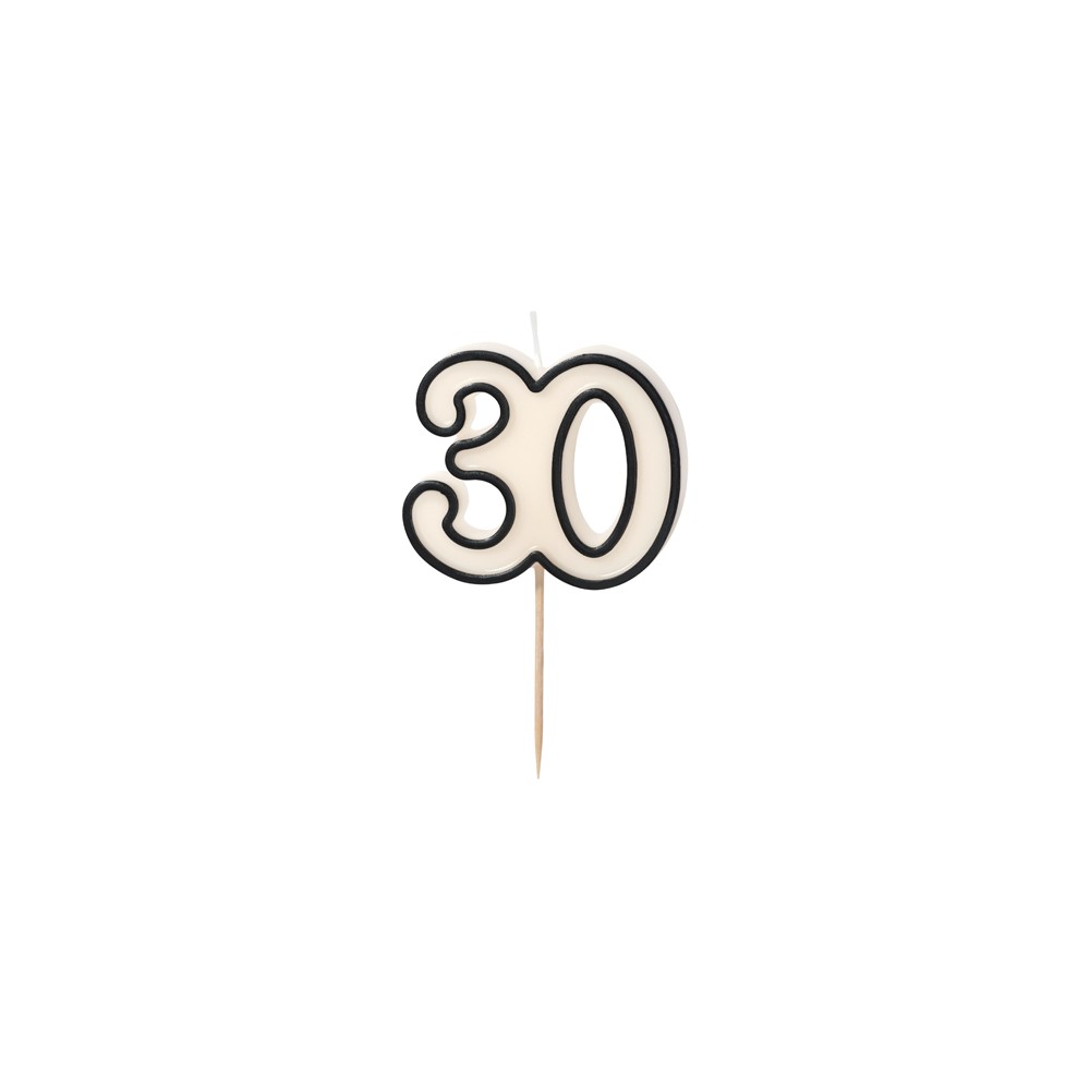 Bougie d'anniversaire numéro 30, 5,5 cm, noir et blanc