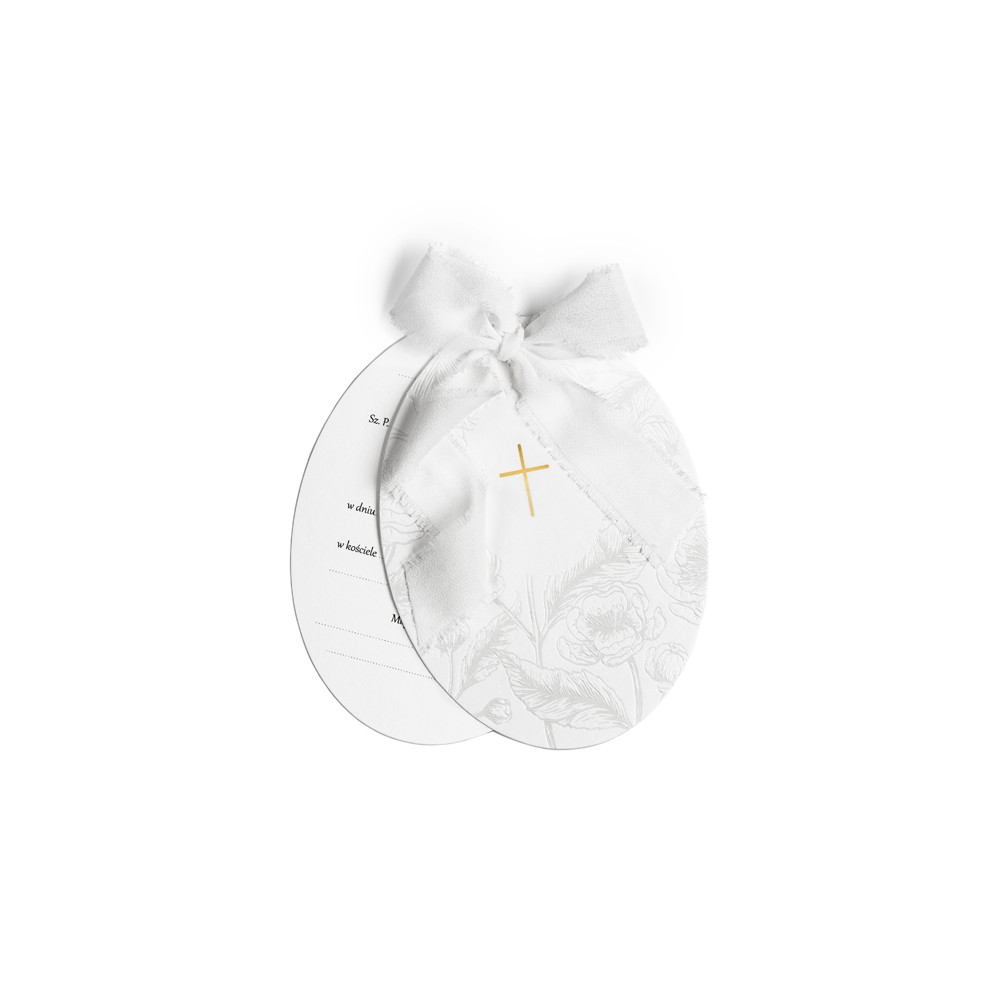 Invitations de communion avec une croix, des branches et des fleurs, blanc