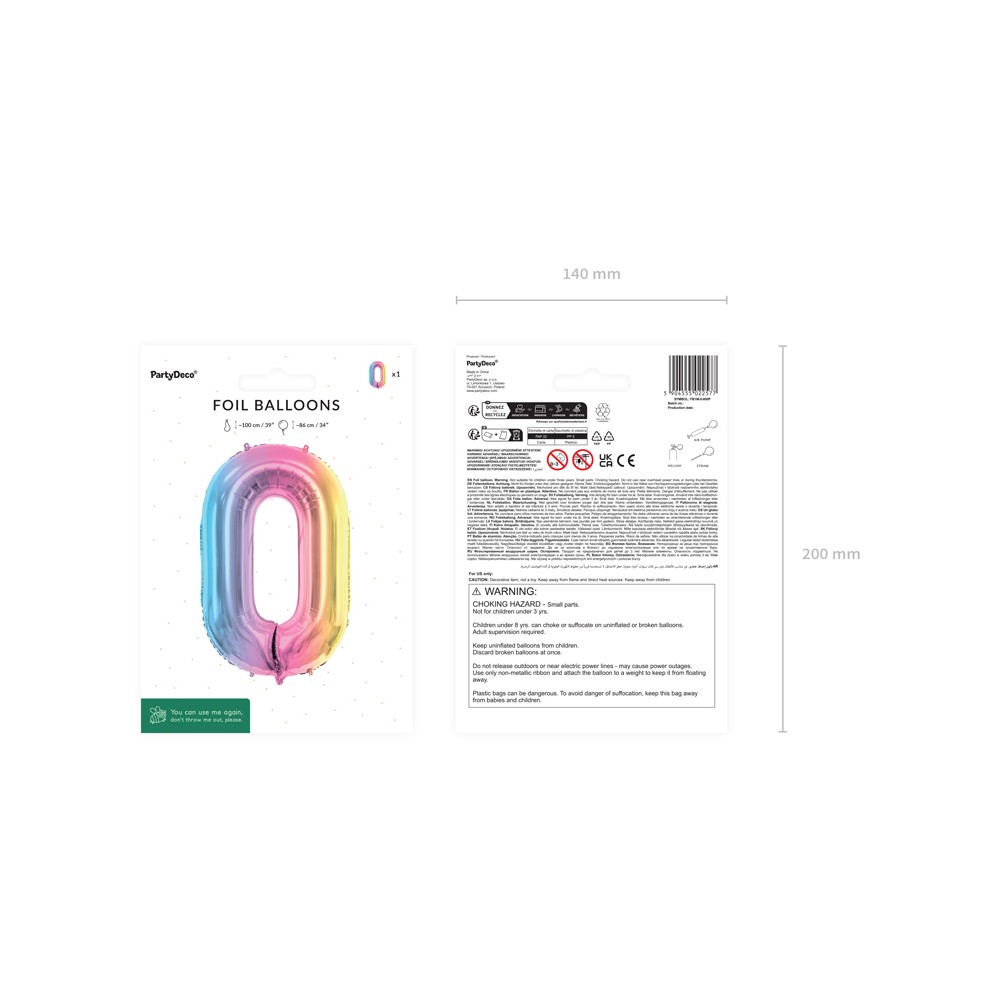 Ballon aluminium chiffre ''0'', 86 cm, arc-en-ciel pastel