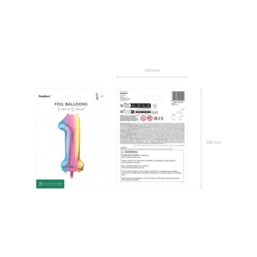 Ballon aluminium chiffre ''1'', 86 cm, arc-en-ciel pastel