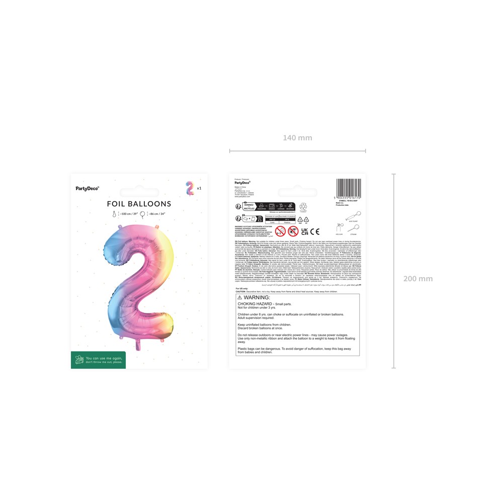 Ballon aluminium chiffre ''2'', 86 cm, arc-en-ciel pastel