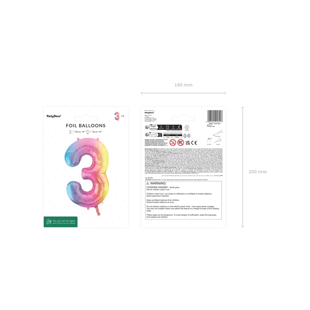Ballon aluminium chiffre ''3'', 86 cm, arc-en-ciel pastel