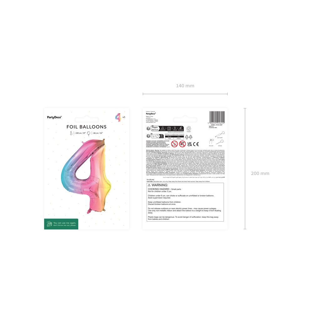 Ballon aluminium chiffre ''4'', 86 cm, arc-en-ciel pastel