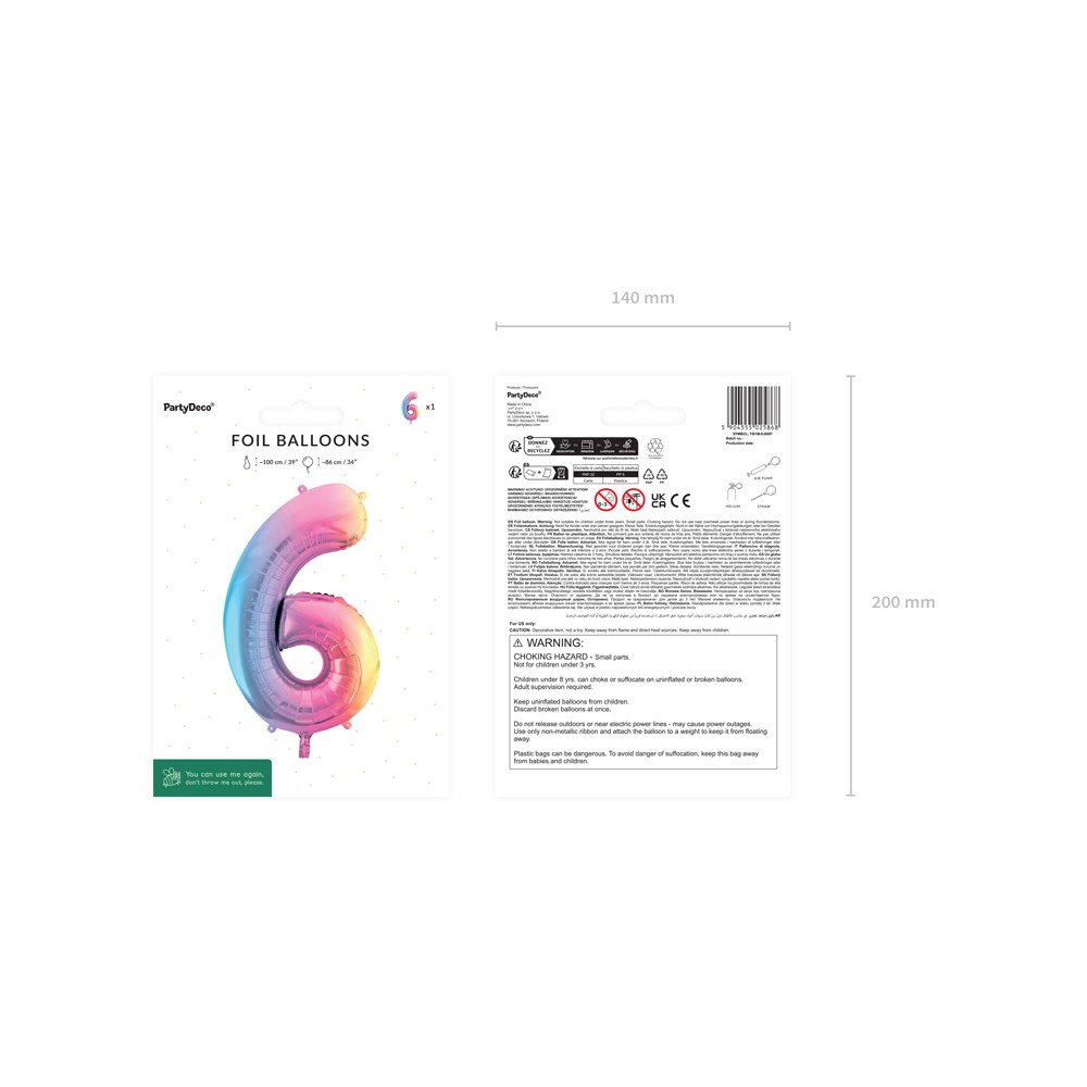 Ballon aluminium chiffre ''6'', 86 cm, arc-en-ciel pastel