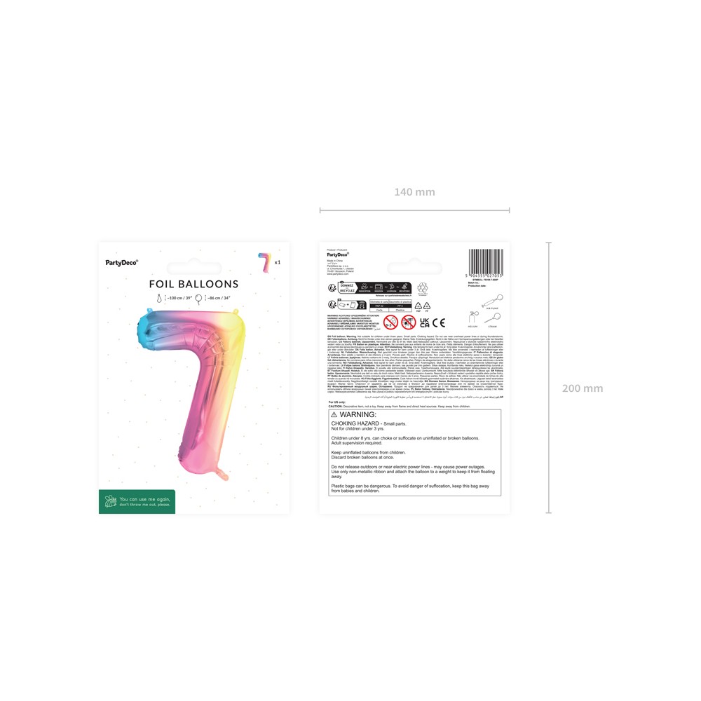 Ballon aluminium chiffre ''7'', 86 cm, arc-en-ciel pastel
