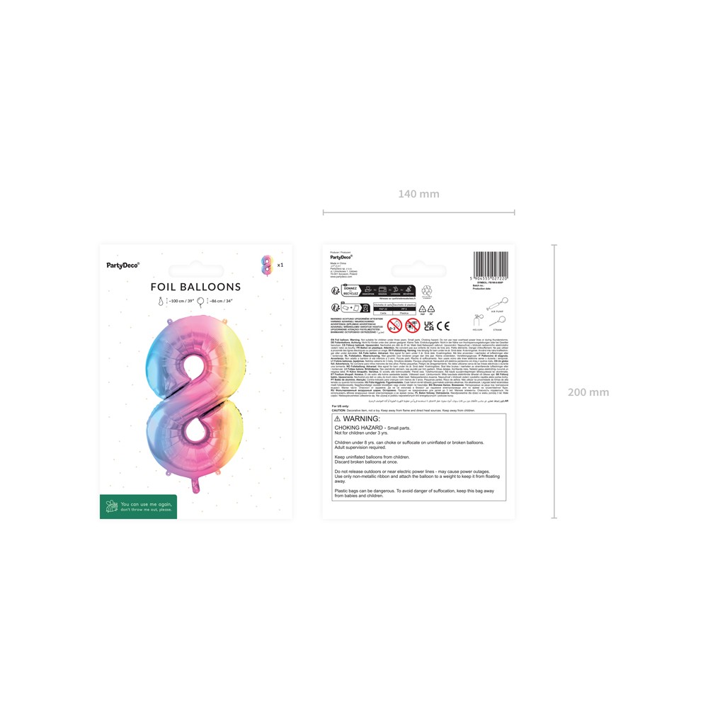 Ballon aluminium chiffre ''8'', 86 cm, arc-en-ciel pastel
