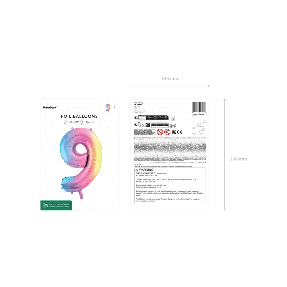Ballon aluminium chiffre ''9'', 86 cm, arc-en-ciel pastel