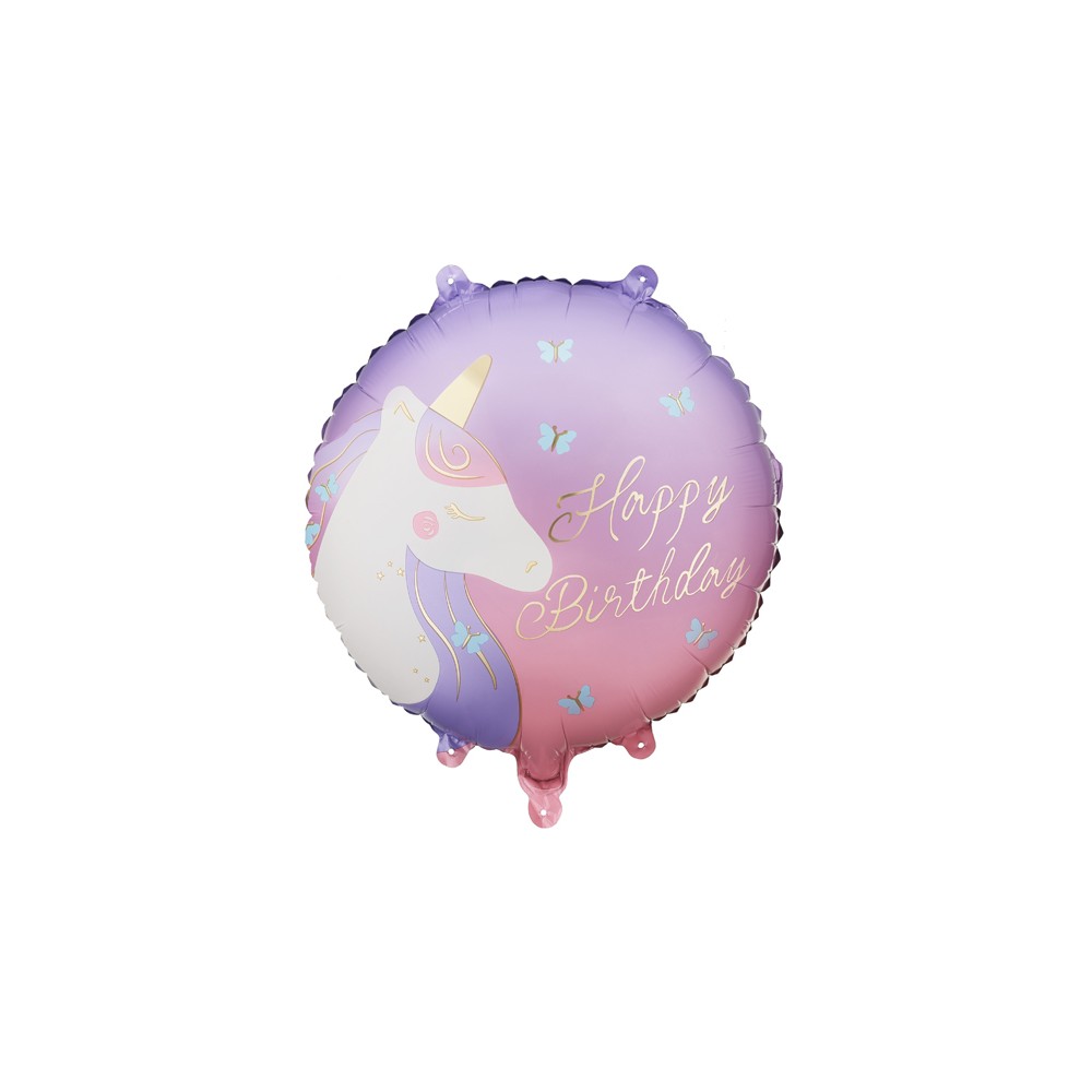 Ballon aluminium pastille Happy Birthday avec licorne, 35x35 cm, assorti