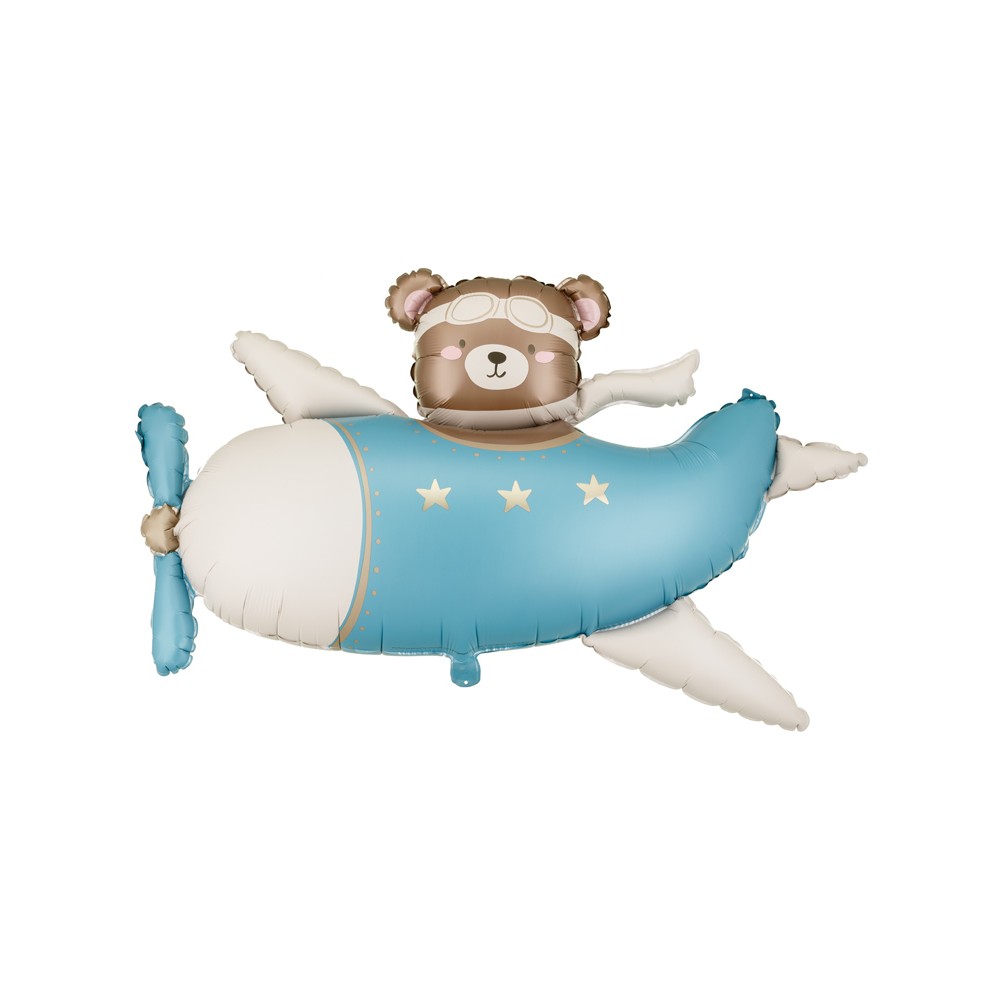 Ballon aluminium Ours dans Avion, 94x61 cm, bleu clair
