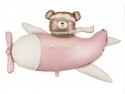Ballon aluminium Ours dans Avion, 94x61 cm, rose clair