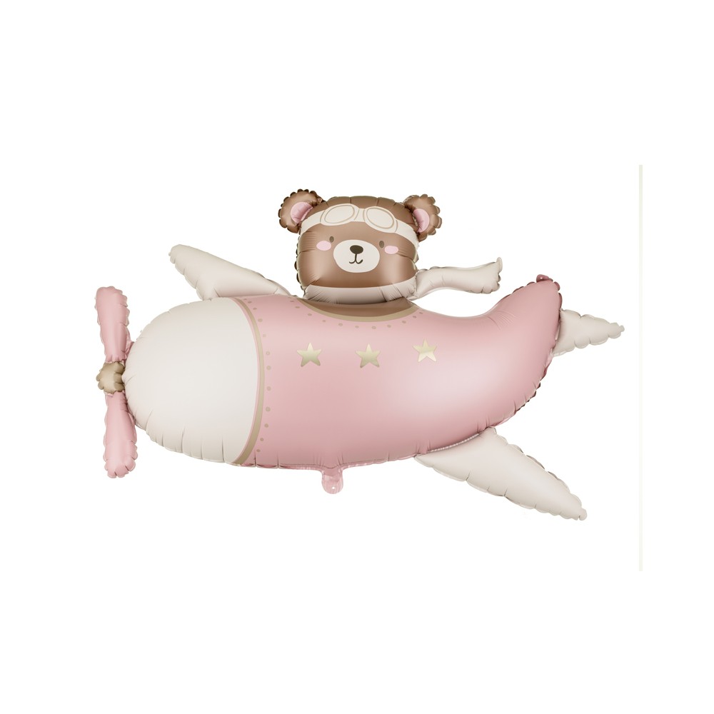 Ballon aluminium Ours dans Avion, 94x61 cm, rose clair