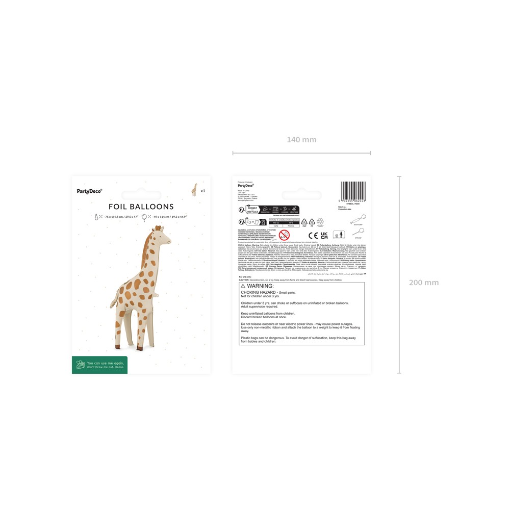 Ballon aluminium Debout Girafe, 49x114 cm, assortiment