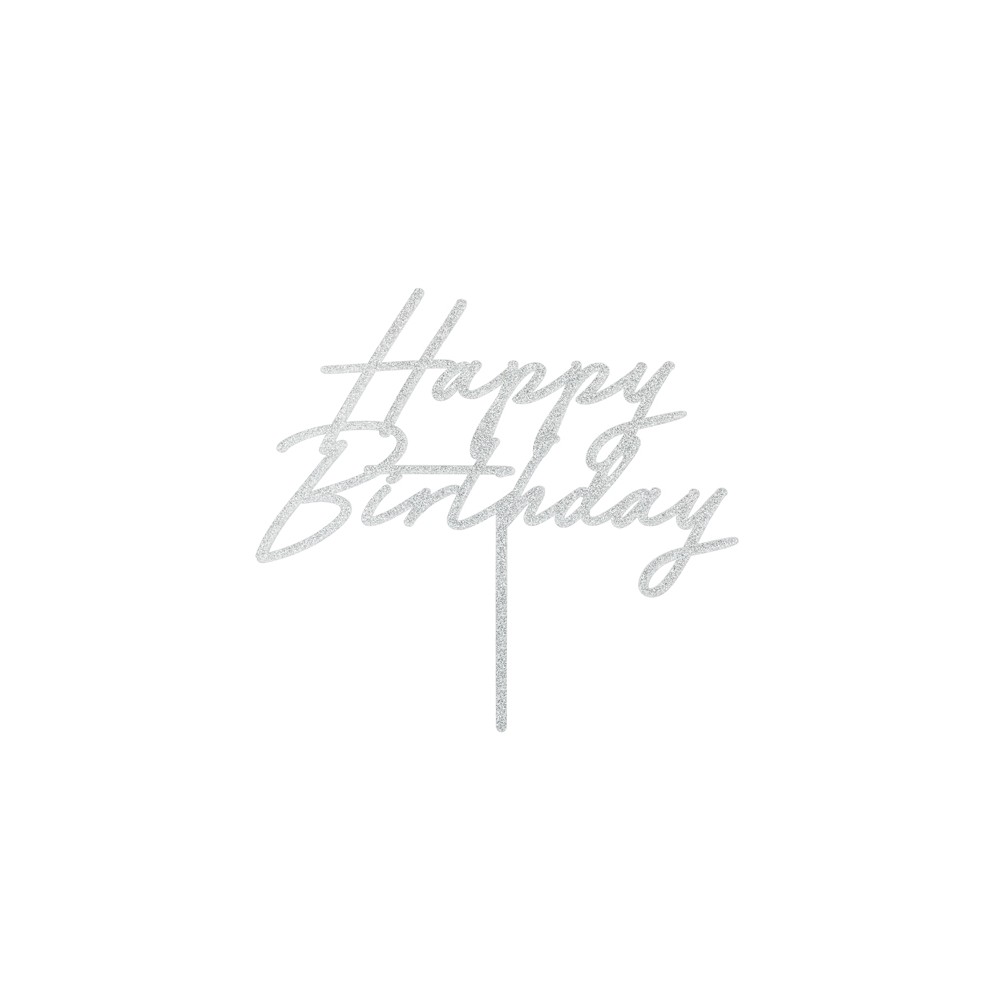 Topper acrylique gâteau Happy Birthday, 18x16.5 cm, argent pailleté