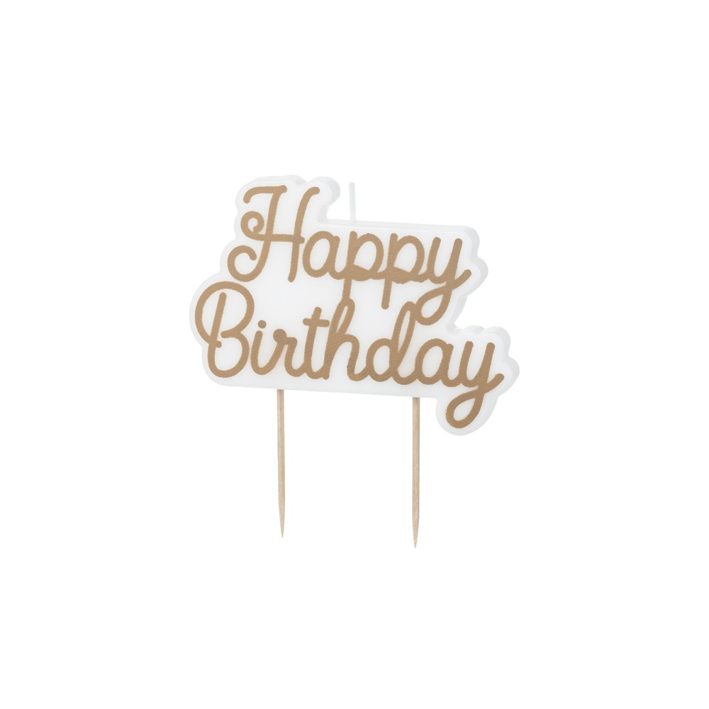 Bougie d’anniversaire Happy Birthday, or froid, 7.5 x 10 cm