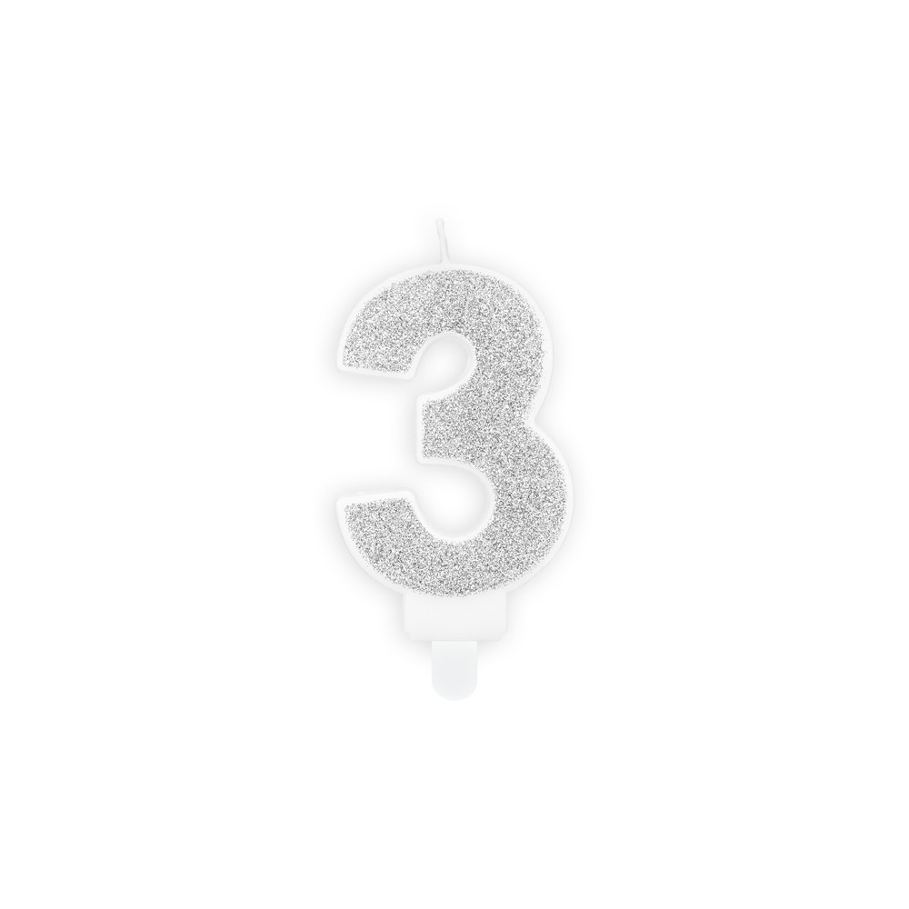 Bougie d'anniversaire Chiffre 3, argent, 7cm