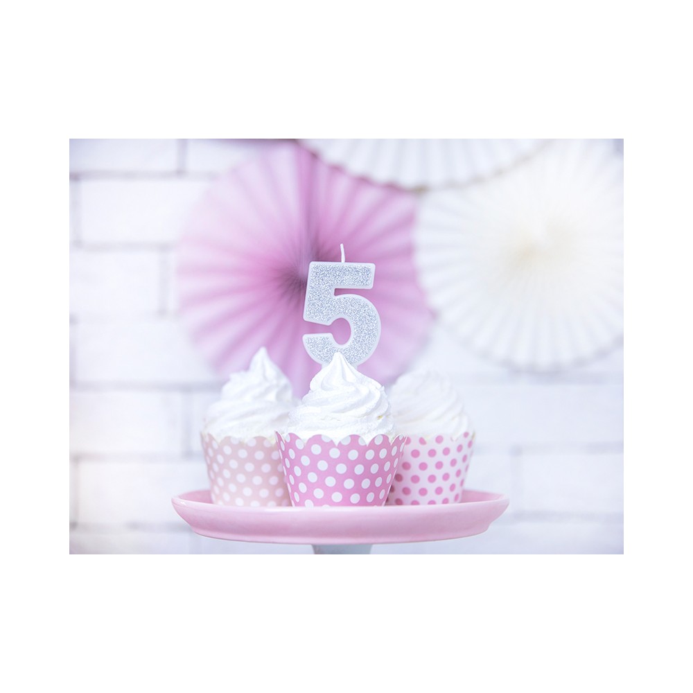 Bougie d'anniversaire Chiffre 5, argent, 7cm