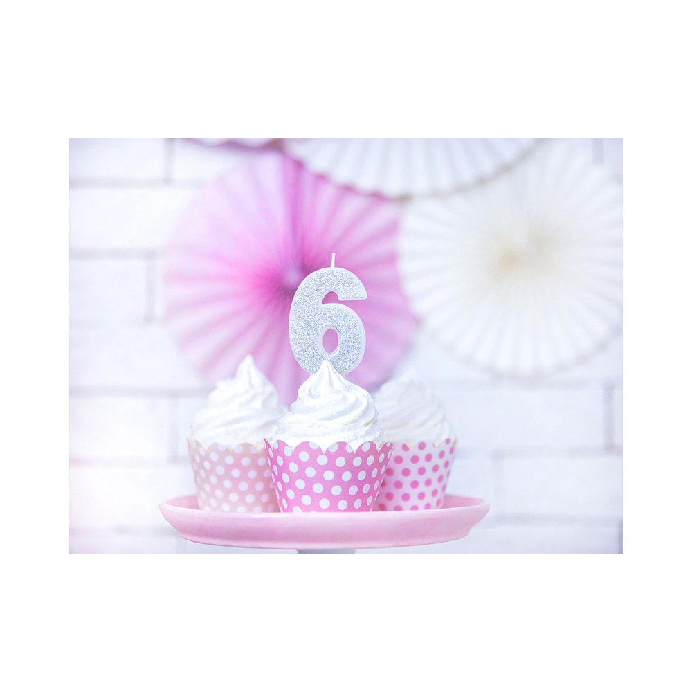 Bougie d'anniversaire Chiffre 6, argent, 7cm