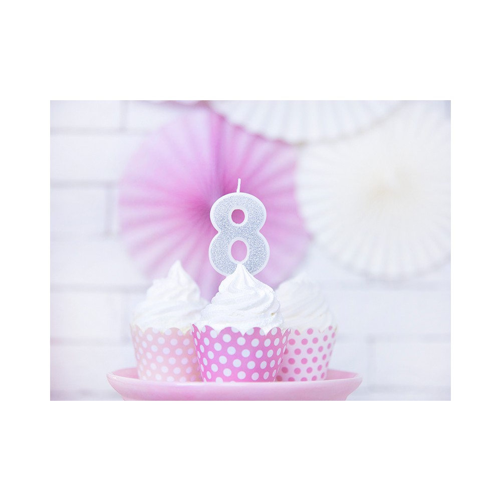 Bougie d'anniversaire Chiffres 8, argent, 7cm