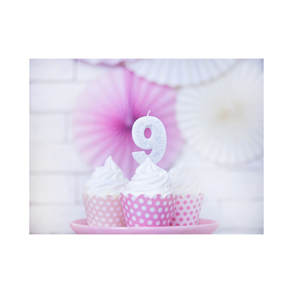 Bougie d'anniversaire Chiffre 9, argent, 7cm