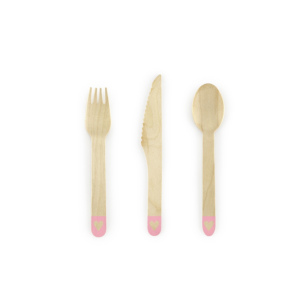 Couverts en bois Cœurs, rose vif 16cm