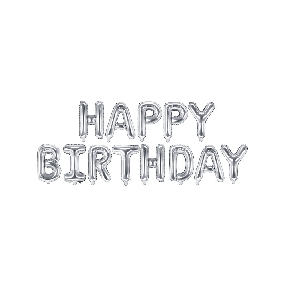 Ballon Mylar Happy Birthday, 340x35cm, argenté