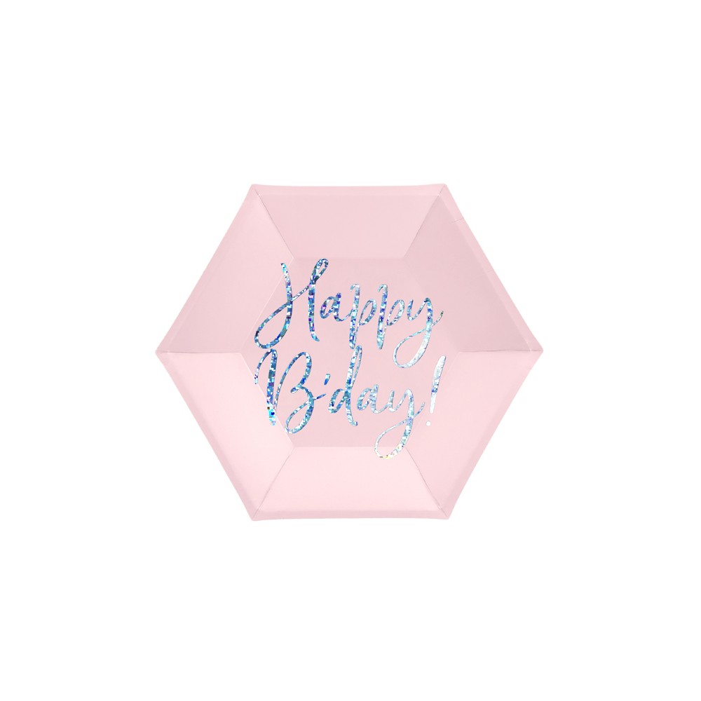 Assiettes Happy B'day !, rose poudré brillant, 20cm