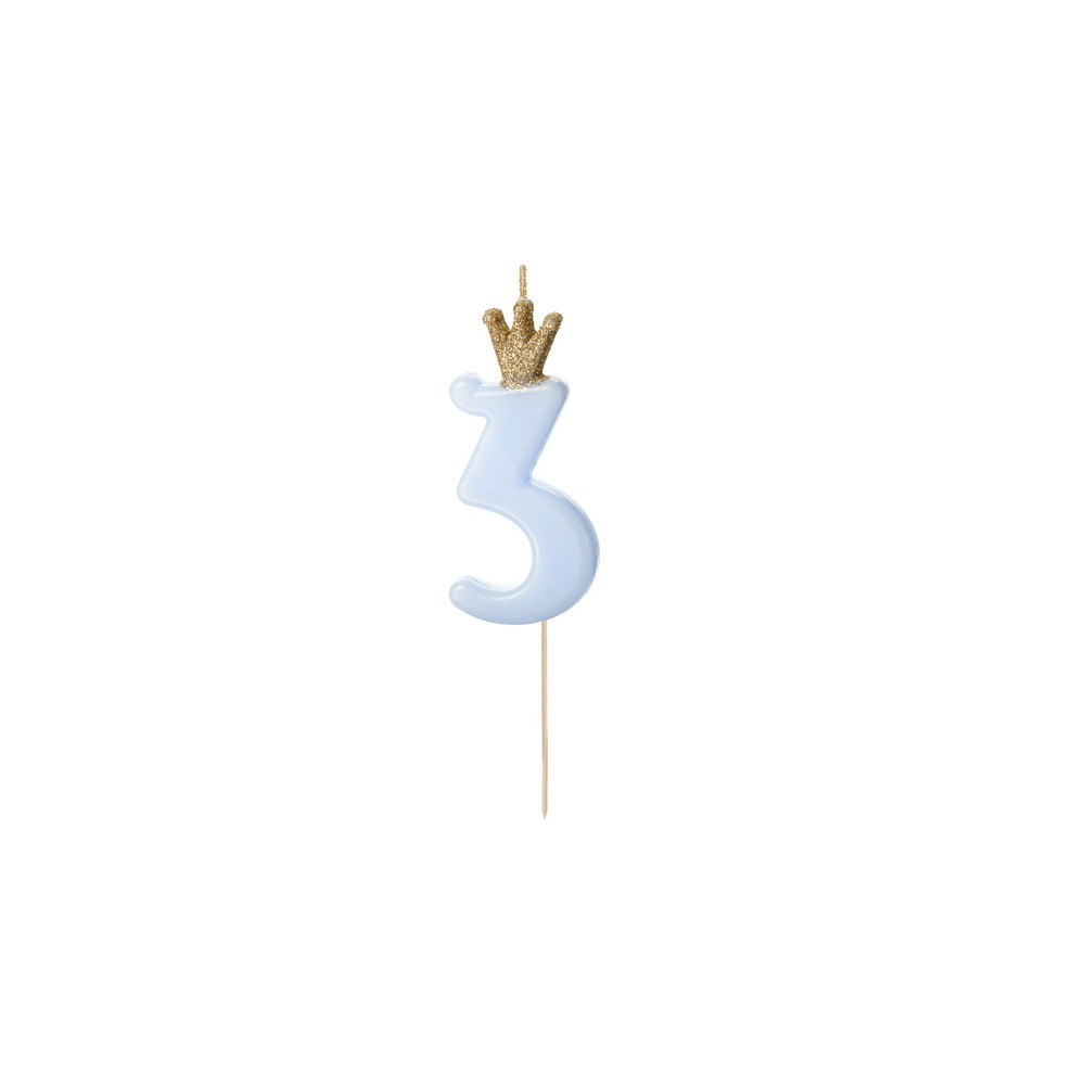 Bougie d'anniversaire Chiffre 3, bleu clair, 9.5cm