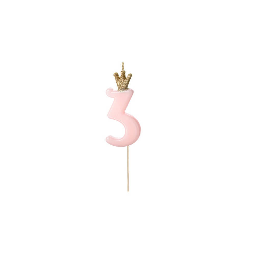 Bougie d'anniversaire Chiffre 3, rose clair, 9.5cm