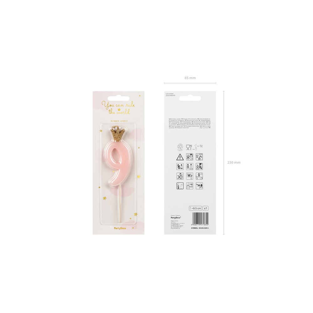 Bougie d'anniversaire Chiffre 9, rose clair, 9.5cm