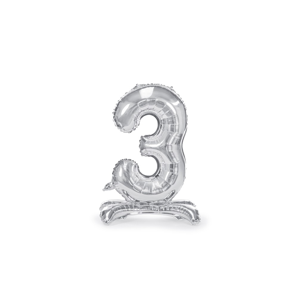 Ballon en Mylar debout, Chiffre 3, 70cm, argenté