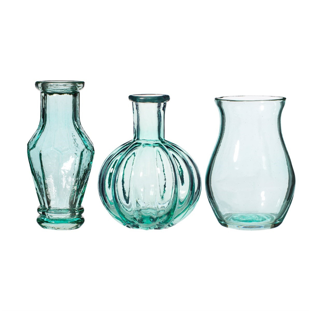 3 vases en verre recyclé  "bleu pastel" - 10 cm