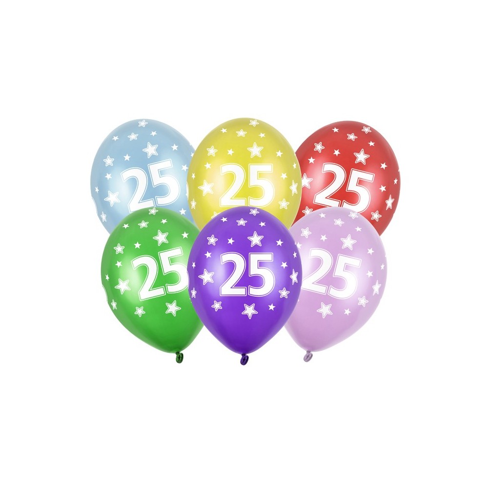 6 Ballons 30 cm - 25ème anniversaire - Méllange métallique
