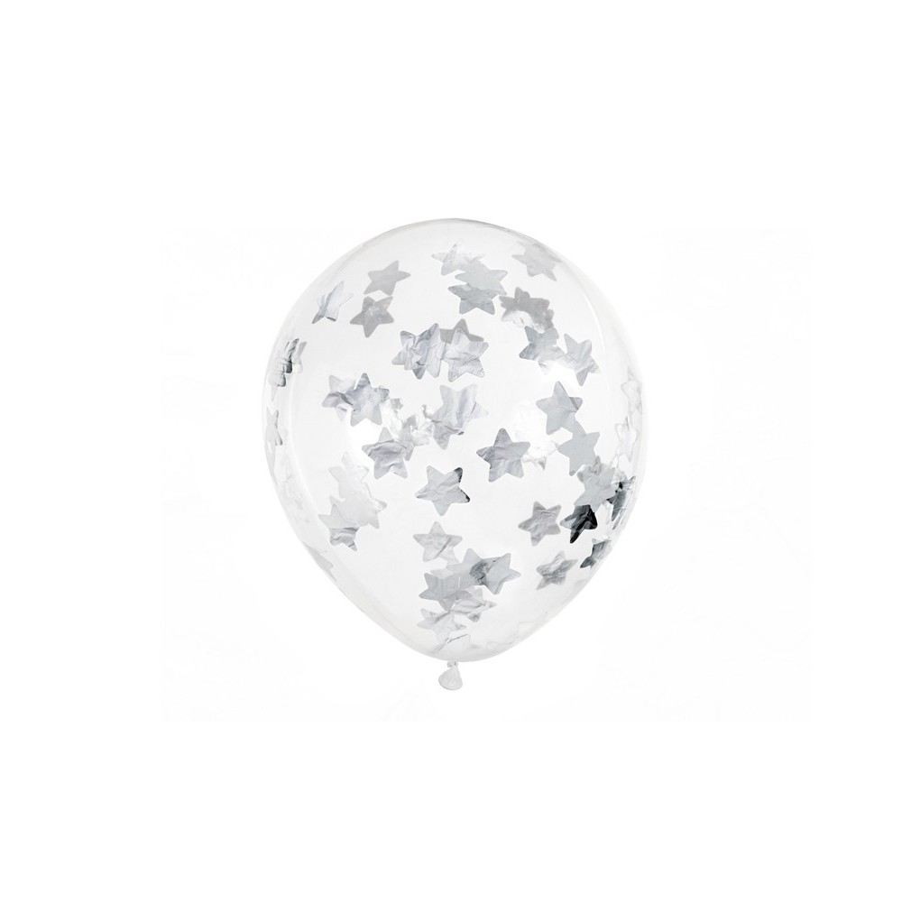 6 Ballons avec confettis - étoiles - 30 cm - argent