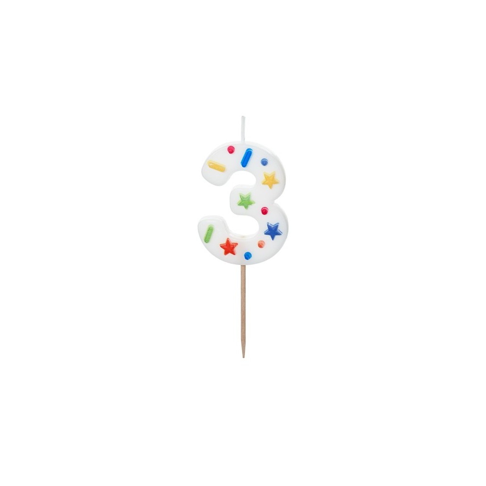 Bougie Chiffre '3'- confettis blancs