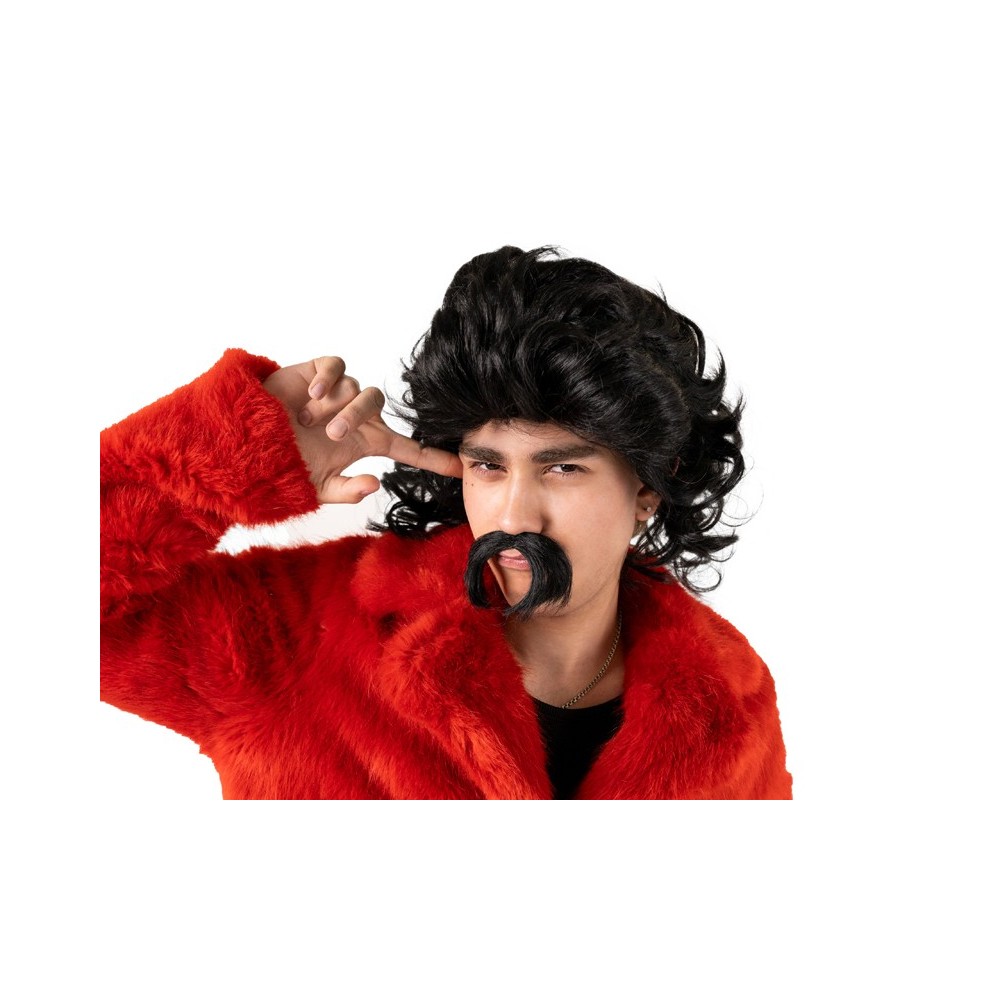 Perruque - longs cheveux et moustache - noire