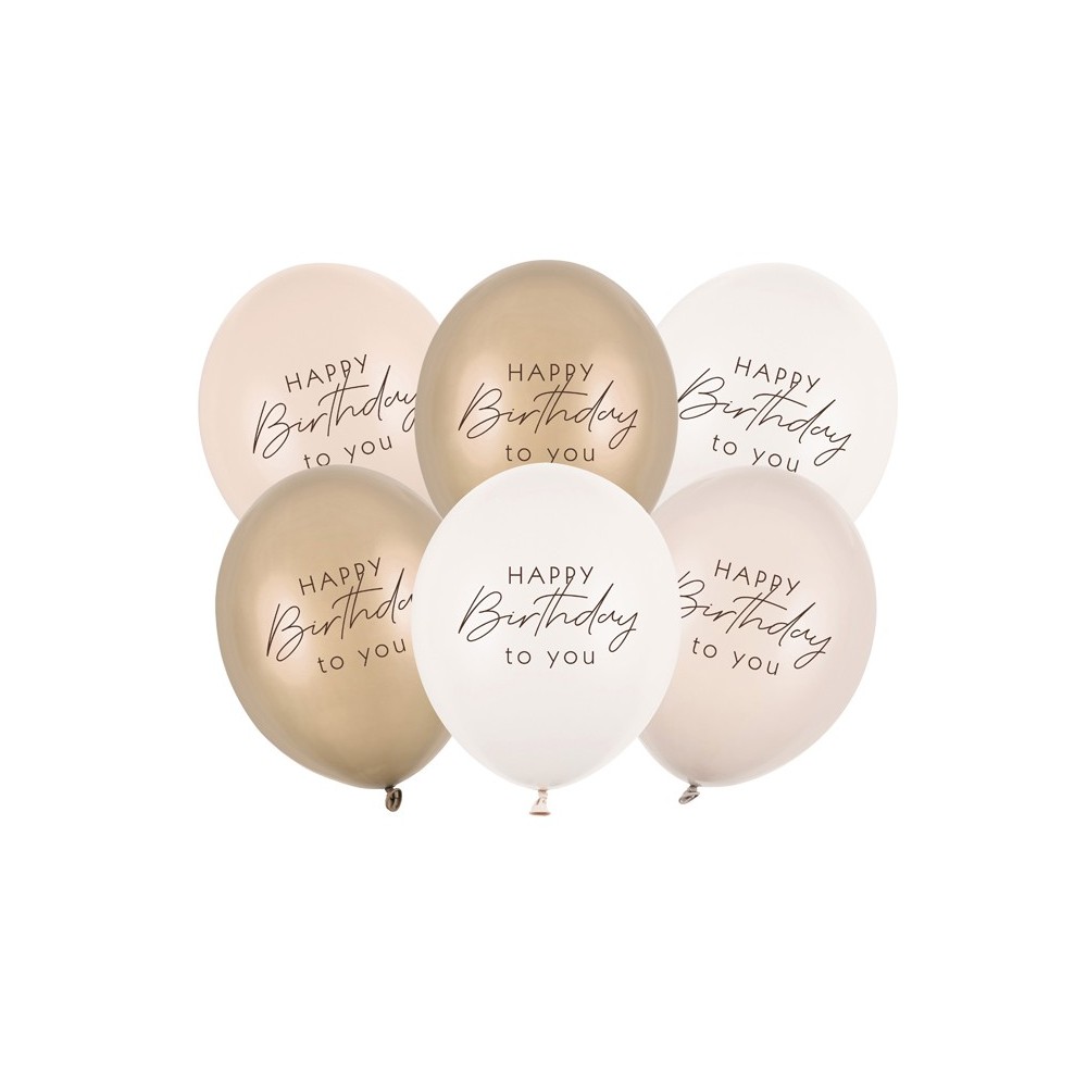 6 Ballons 30 cm - Happy Birthday - mix beige