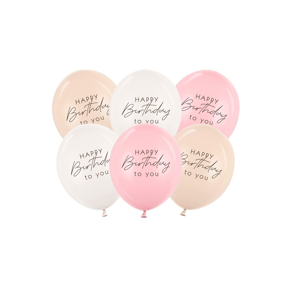 6 Ballons 30 cm - Happy Birthday - mix rose